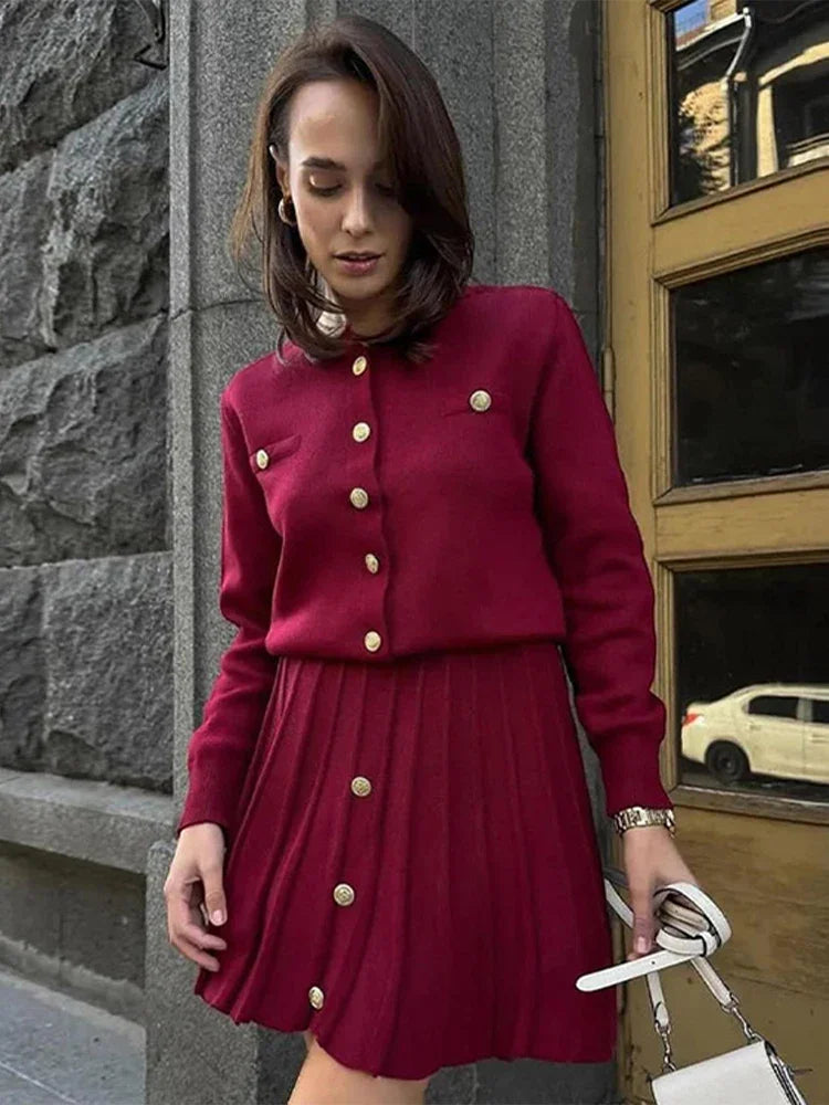 Elegant Button Coat Mini Skirt Women Set Slim Burgundy Red O-neck Single Breasted Top Skirts Sets 2025 Autumn New Lady Outfits