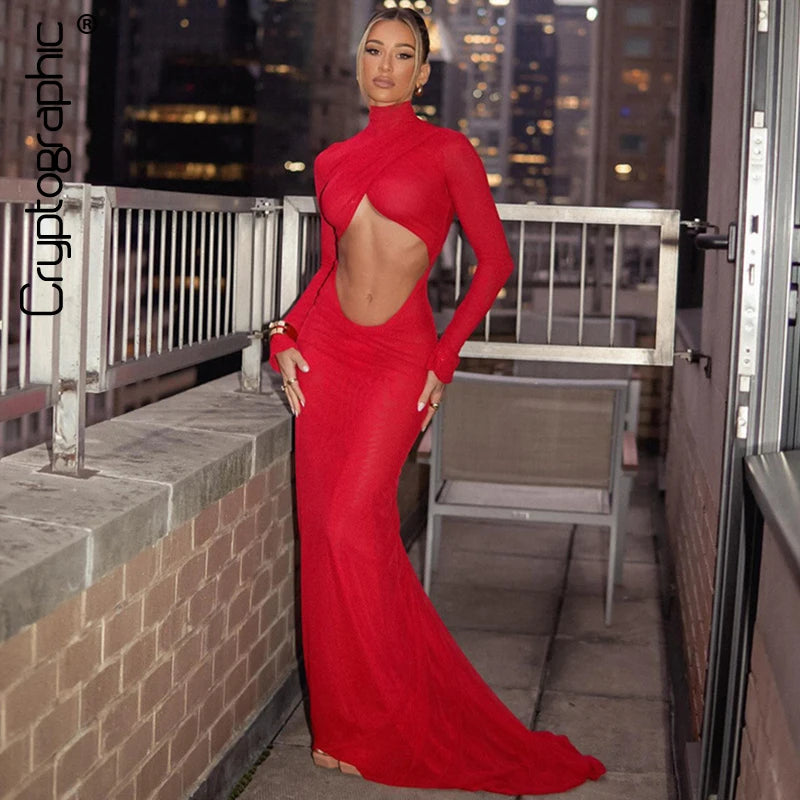 Elegant Red Cut Out Maxi Dress for Women Party Club Outfits Long Sleeve Ruched Sexy Backless Gown Birthday Dresses