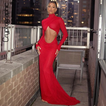 Elegant Red Cut Out Maxi Dress for Women Party Club Outfits Long Sleeve Ruched Sexy Backless Gown Birthday Dresses