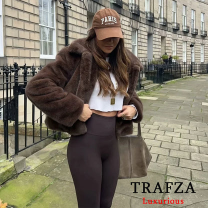 TRAFZA Vintage Causal Faux Fur Jackets Women Long Sleeve Loose Buttons Coats Fashion 2025 Spring Brown Fur Coats Elegant Outwear