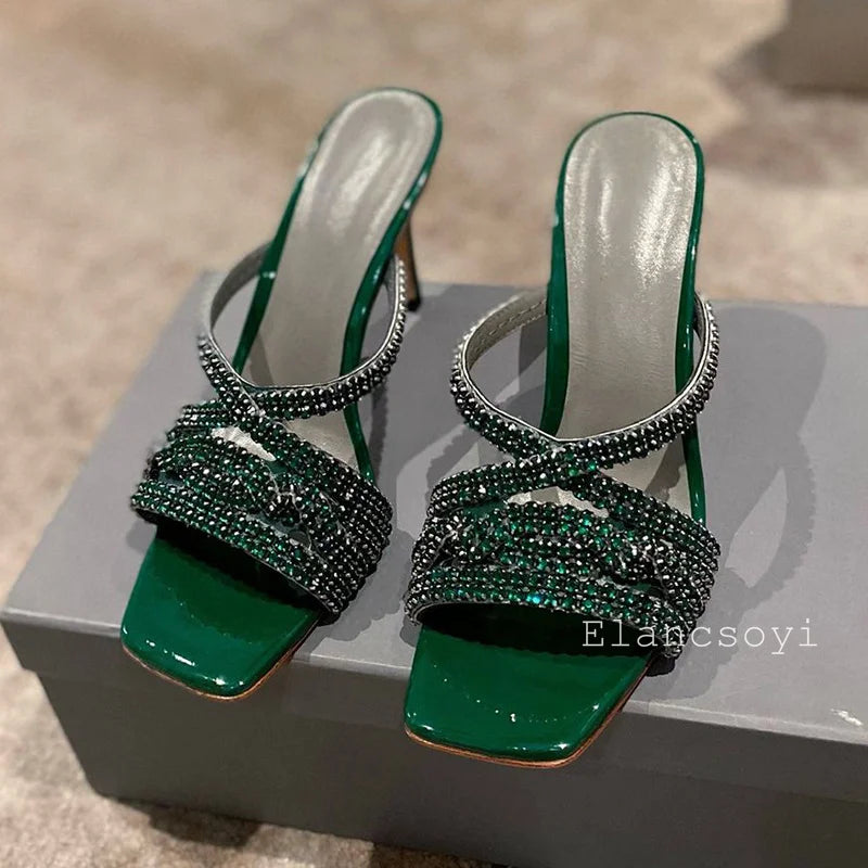 Bling Bling Rhinestone High Heels Slippers Women's Square Toe Thin Heels Lazy Sandals Summer Fashion Party Dress Shoes 2025