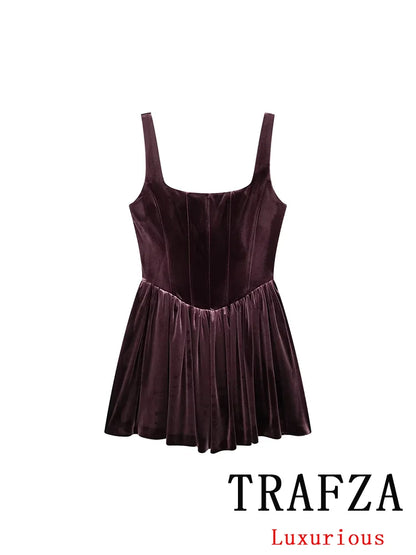 TRAFZA Sexy Chic Velvet Women Dress Solid Sleeveless Zipper Ruffles Mini Party Dress New Fashion 2025 Evening Club Dress