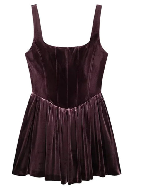 Velvet Women Dress Solid Sleeveless Zipper Ruffles Mini Party Dress