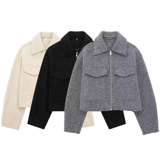 Women Fashion With Pockets Grey Front Zipper Jackets Vintage Lapel Neck Long Sleeves Female Chic Lady Outfits