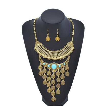 Tribal Ethnic Turquoise Retro Necklace Earrings Jewelry Set Boho Afghan Gypsy Geometry Circle Tassel Pendant Female Accessory