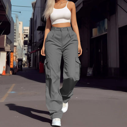 New Streetwear Women Cargo Pants Daily Casual Solid Color Multi Pockets Elastic Waist Pants Female Cargo Trousers 2024