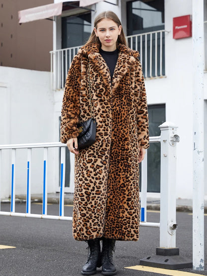 High Street Leopard Print Long Faux Fur Coat Fluffy Jacket for Women Winter Faux Rabbit Fur Trench Coat Plush Jackets