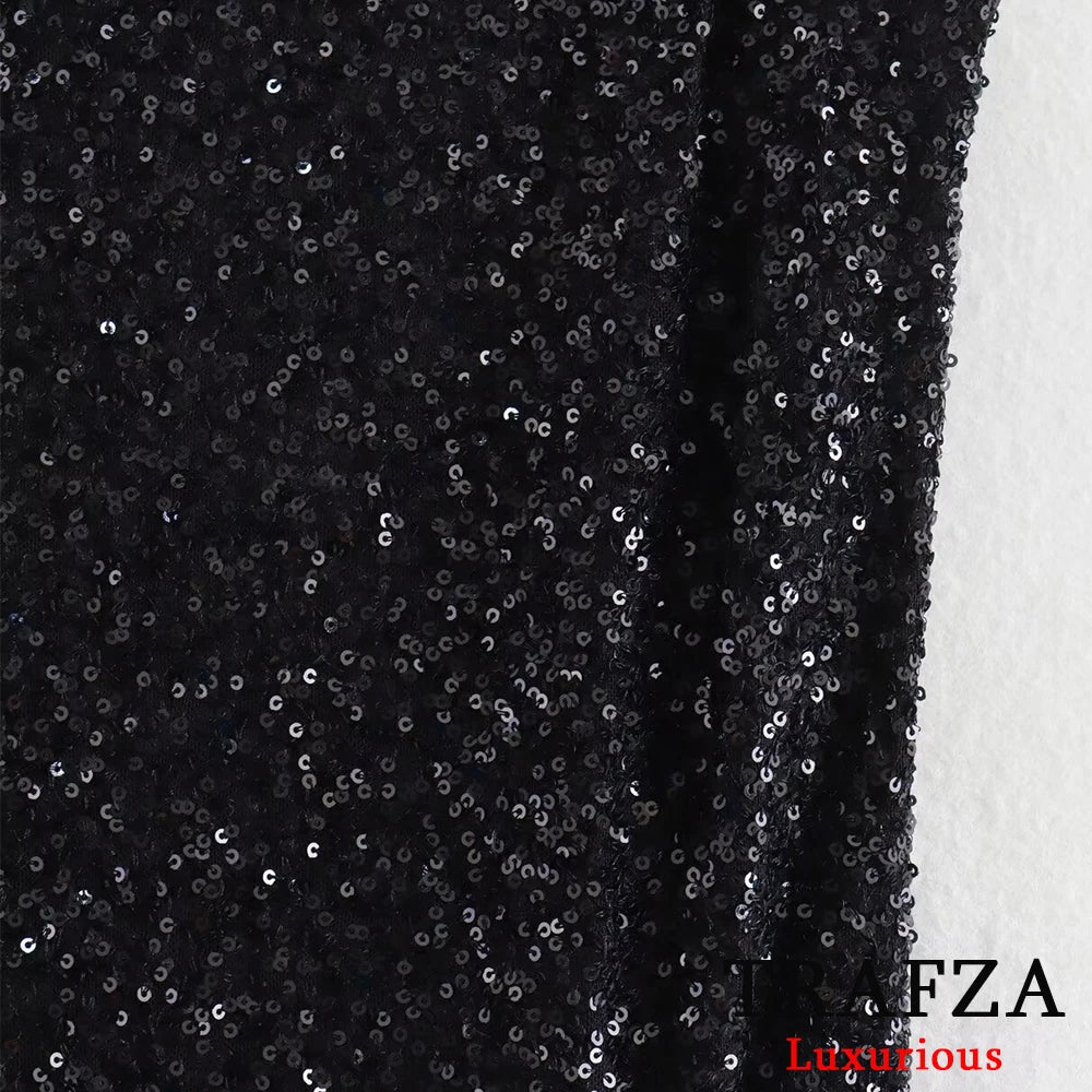 TRAFZA Sexy Chic Black Sequins Sheath Mini Party Dress Women Fashion 2024 Evening Club Shiny Dress Elegant Sleeveless Sexy Dress