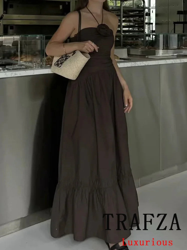 TRAFZA Vintage Casual Chic Solid Women Dress Flower Halter Beach Long Dress Fashion 2024 Autumn Chic Boho Party Female Dress