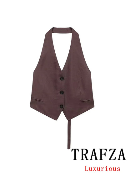 TRAFZA Vintage Chic Women Suit Solid Halter Single Breasted Vest Straight Button Loose Pants Fashion 2024 Autumn Office Lady Set