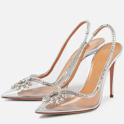 Fashion Crystal PVC Transparent Women Pumps Elegant Thin Heels Sandals Slingbacks Silver Party Wedding Shoes