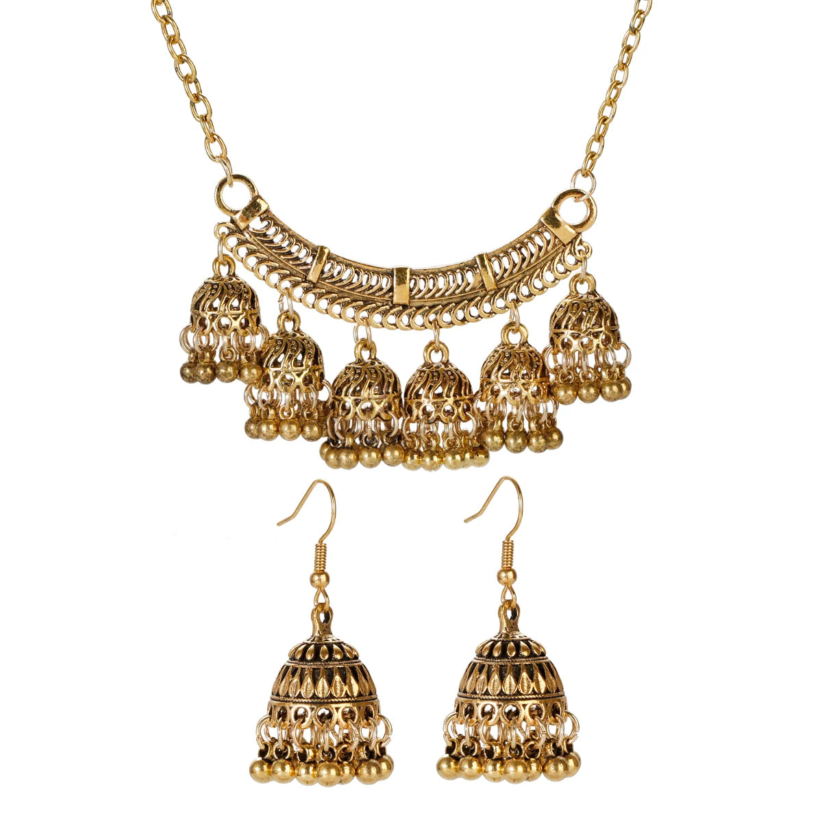 Fashion Indian Women Luxury Jewelry Set Charm Afghan Metal Small Bell Jhumka Earrings&Necklace Set Femmes Wedding Gift