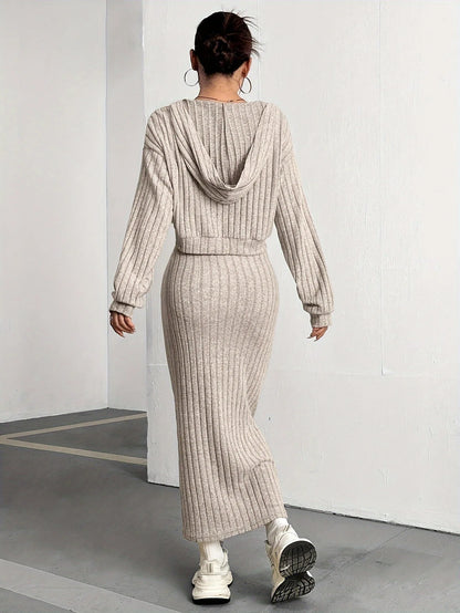 2025 Autumn/Winter New Style Casual Commuting Knitted Long Sleeve Set Hoodie Loose Dress Two Piece Set