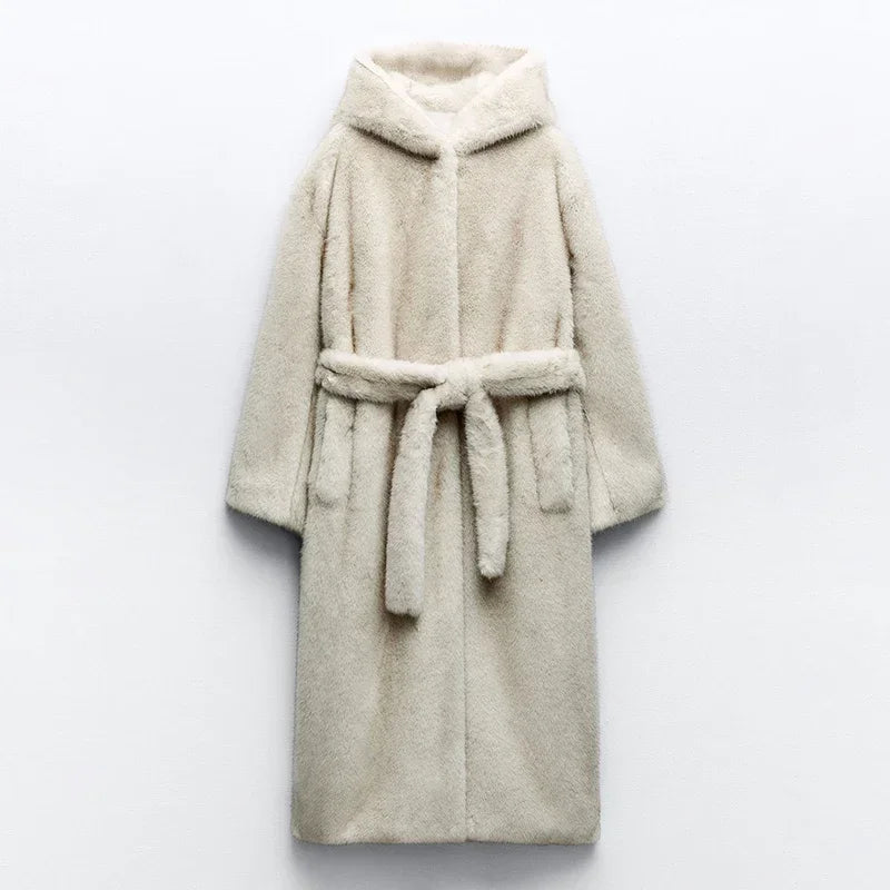 Belted Faux Mink Fur Coat Women 2024 Winter Beige Gradient Furry Fur Jacket Luxury Brand Hooded Warm Outerwear Overcoat