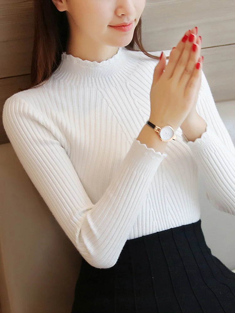 Autumn Women Mock Neck Ruffles Sweater Long Sleeve Knitted Bottoming Solid Pullovers Stripe Women Casual Sweater Winter