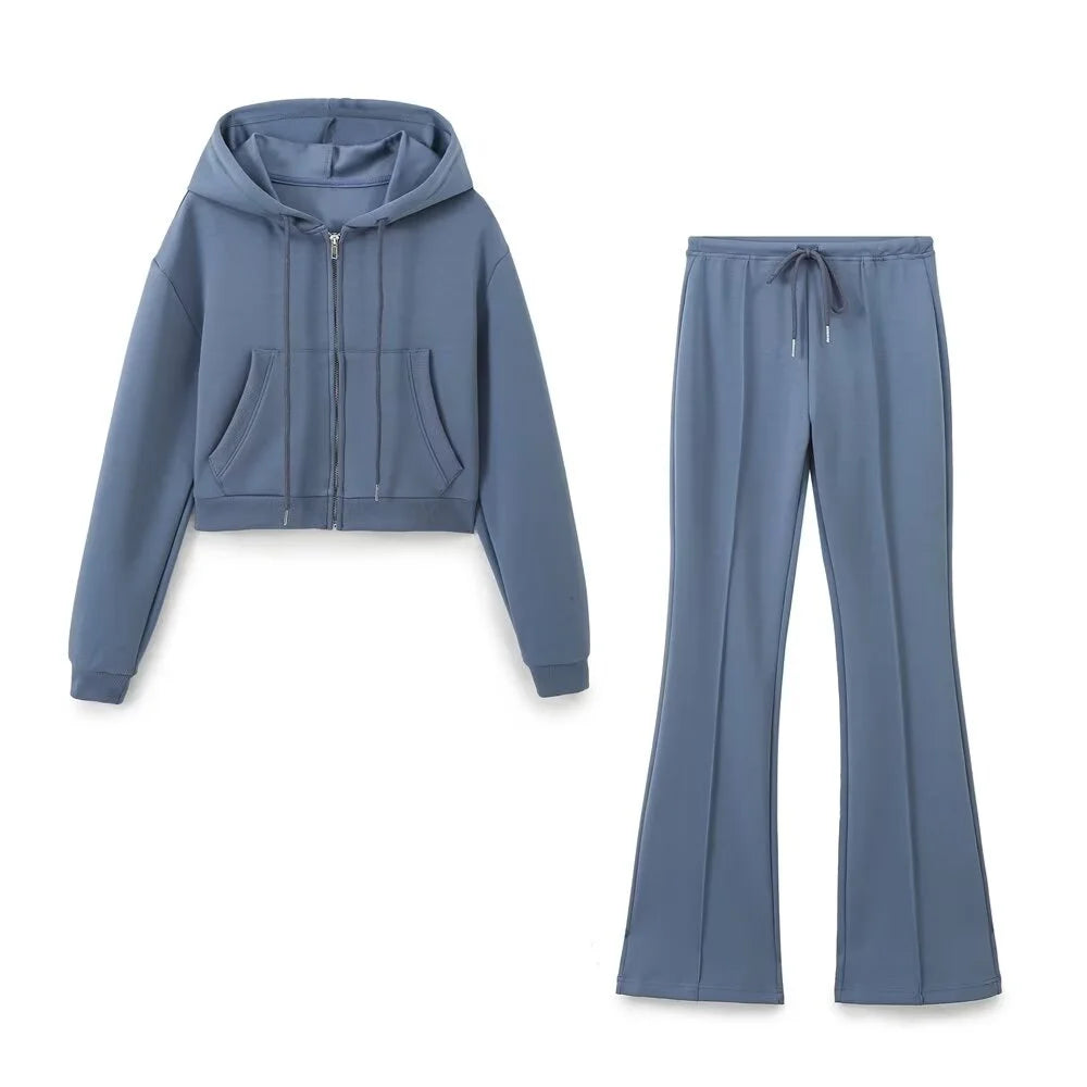 Autumn new women's fashionable casual zipper decoration hooded long sleeved sweatshirt jacket trumpet pants set