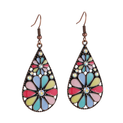 Retro Multicolor Flower Crystal Earrings for Women Boho Hollow Water Drop Pendant Earrings Girls Fashion Jewelry Gift