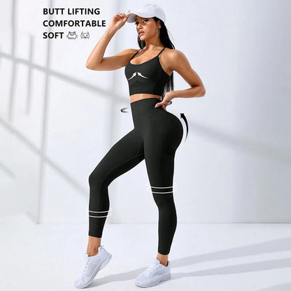 2Pcs Women's Yoga Fitness Set Seamless Breathable Activewear Sexy Sports Bra Top High-Waisted Leggings Set