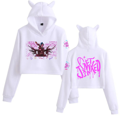 Jinx Arcane Graffiti Art Cat Ears Long Sleeve Crop Tops Girls Fashion Hoodie