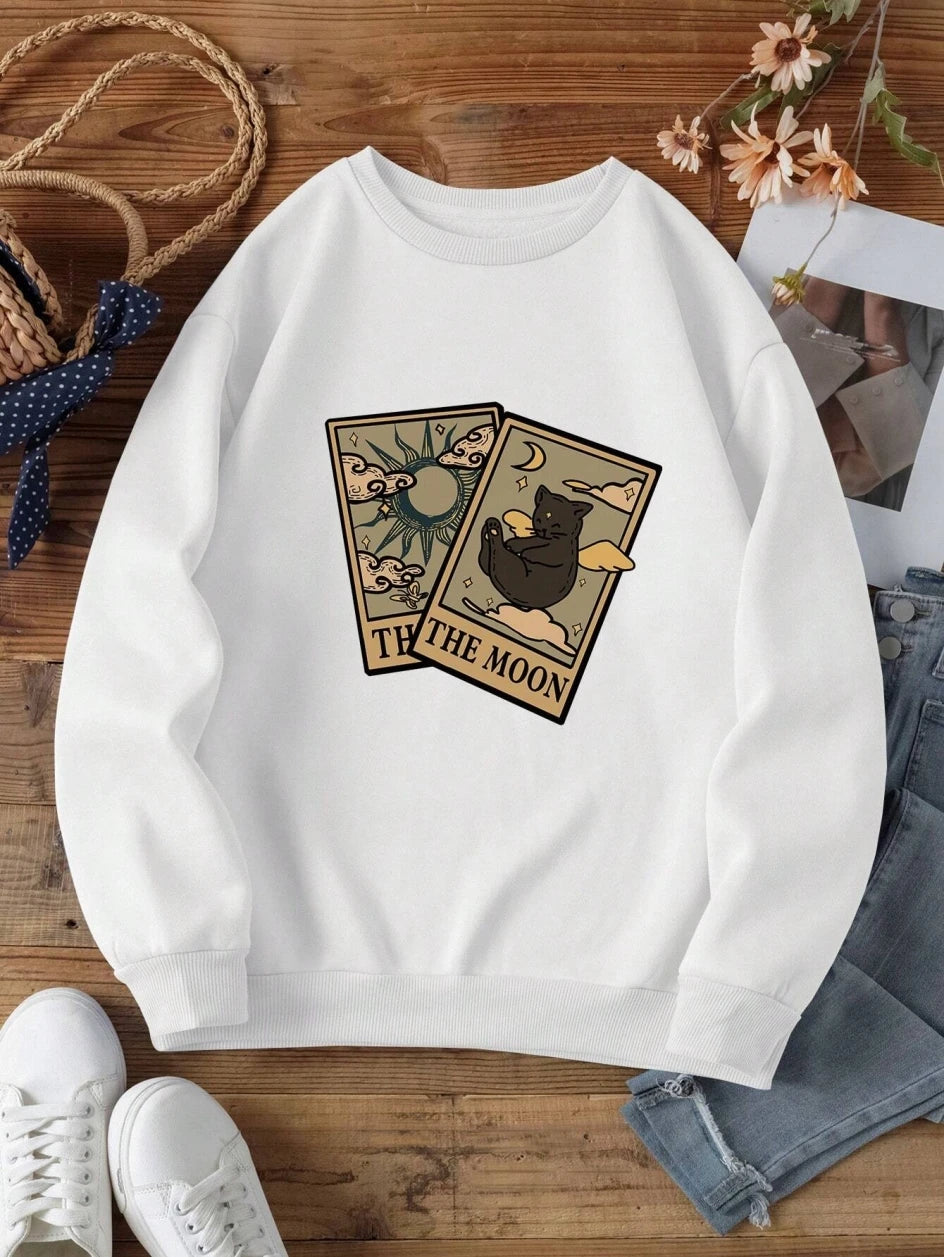 Casual Vintage Women Sweatshirts Tarot Bear & Moon Printed Hoodies Fleece Warm Pullover Street Crewneck Loose Female Clothes