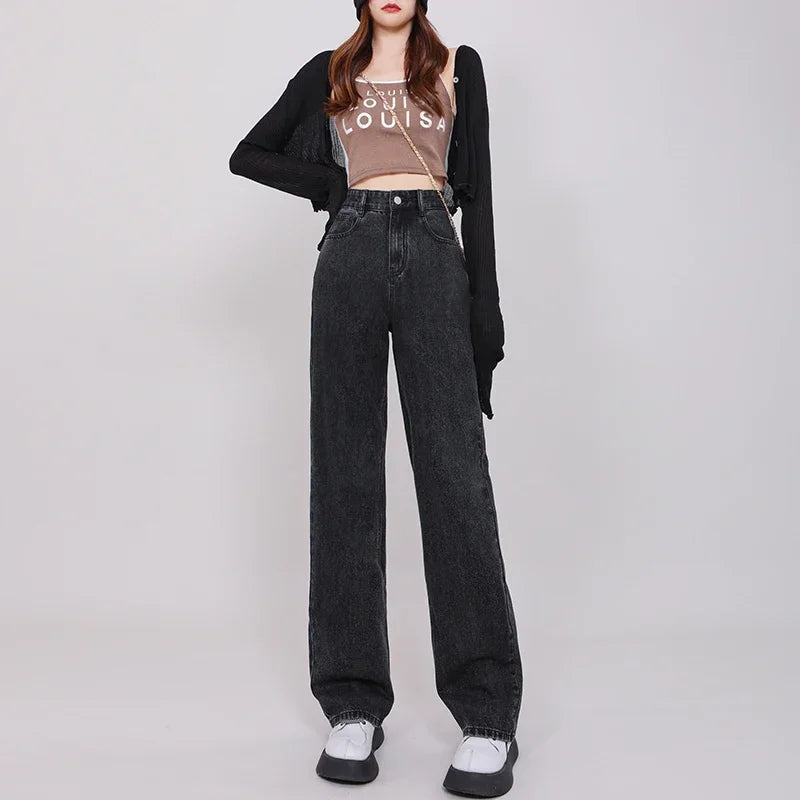 High Waisted Jeans Y2K Fashion Women Clothing Blue Black Straight Leg Denim Pants Trousers Mom Jean Baggy Trousers Tall