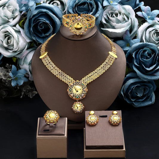 New 24k Gold Plated Cubic Zirconia Dubai Jewelry Set Leaf Design Bridal Necklace Earring