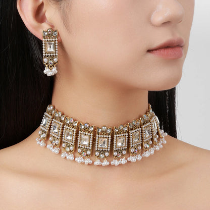 Luxury Blue Crystal Geometric Necklace Earrings Sets Bride Exquisite Zircon Pearl Tassel Necklace Women Wedding Banquet Jewelry