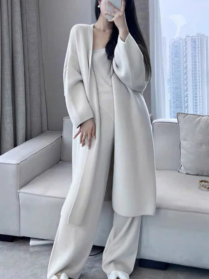 Elegant Women's Sets Casual Knit Cardigan Sweater Wide Leg Pants Fashion All Match Three Piece Set 2025 Autumn Winter C2360