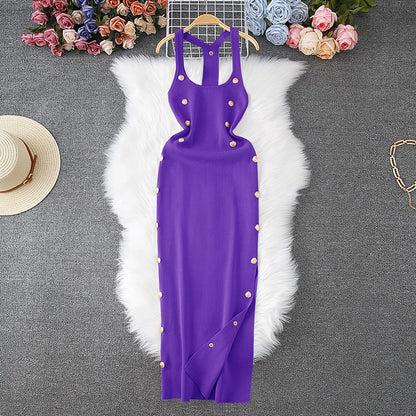 Summer Sexy Halter Sleeveless Buttoned Maxi Bodycon Dress