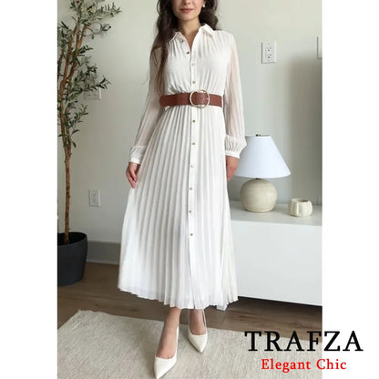 Autumn Women's Clothing New 2025 Spring Fall Temperament Elegant With Belt Midi Pleated Shirt Dress 8372/089