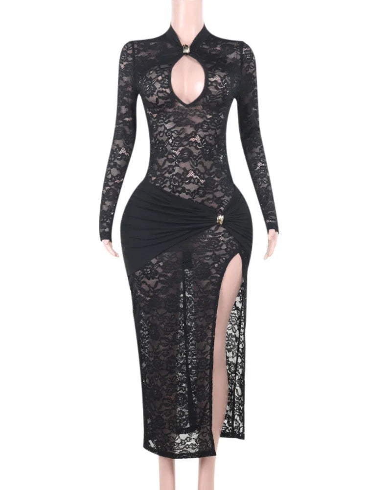 Mozision Lace Hollow Out Sexy Maxi Dress For Women Fashion Long Sleeve Thigh High Split Bodycon Club Evening Long Dress Elegant