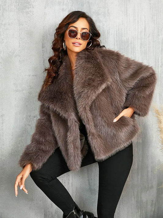 Oversized Turn Down Collar Fluffy Faux Fur Coat Women Vintage Faux Fur Jacket Coats Winter Clothes Women 2024