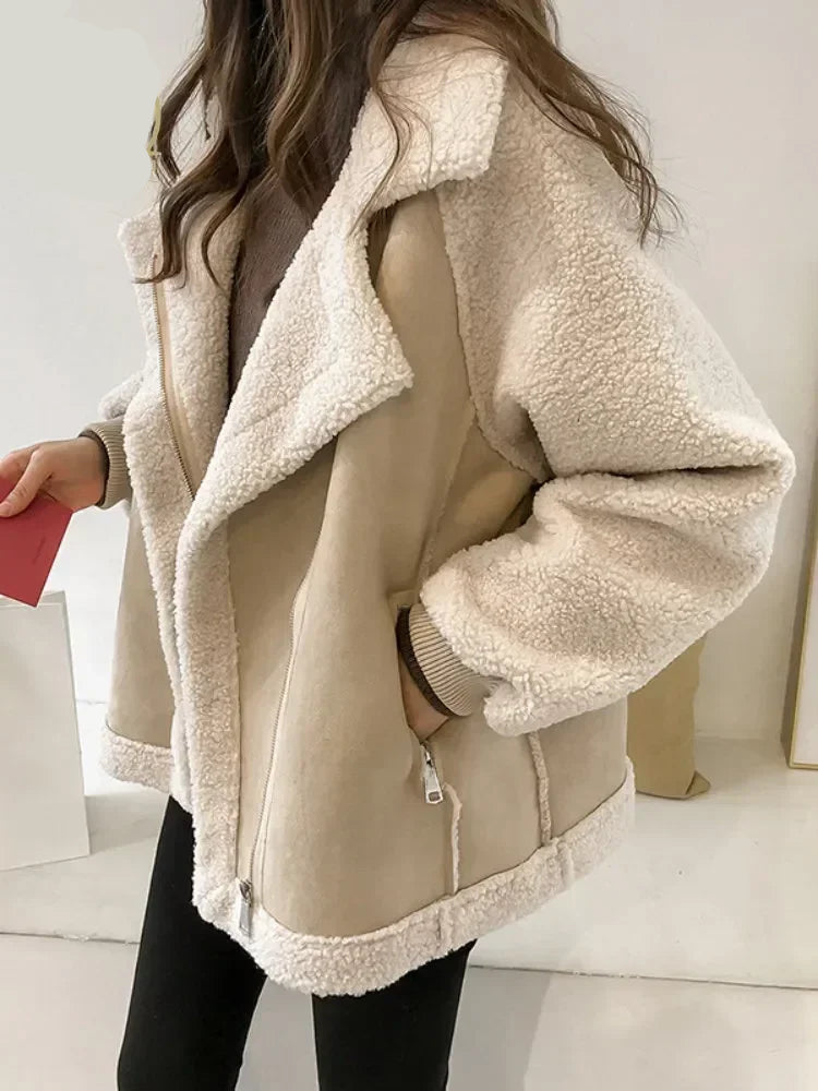 Autumn Winter Women's Coats New Fashion Casual Loose Patchwork Outerwear Harem Korean Vintage Crop Pockets Lambhair Jacket Women