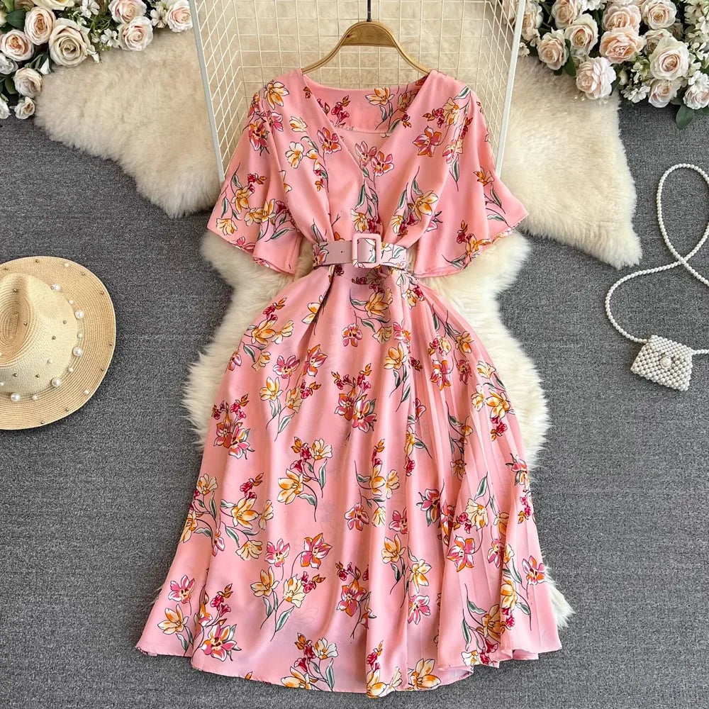 YuooMuoo Chic Fashion Floral Print Long Summer Dress 2025 New Arrival Elegant V-neck Party Dress with Belt Lady Outfits Vestidos