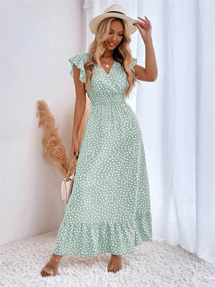 Eyellcart V-neck Lotus Leaf Edge Elegant Dress Women Spring Summer Printed Long Dress