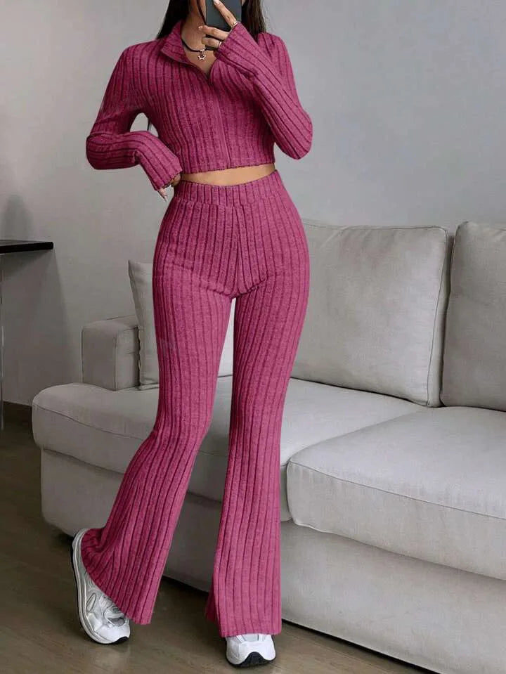 Short Style Zip Rib Knit Tops Long Pants Suit Women Casual Long Sleeve T-shirt & Slim Trousers 2 Piece Sets Autumn Women Sets