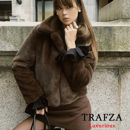 TRAFZA Vintage Causal Faux Fur Jackets Women Long Sleeve Loose Buttons Coats Fashion 2025 Spring Brown Fur Coats Elegant Outwear