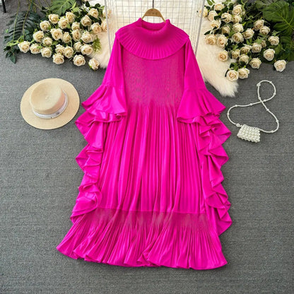 Spring New Pleated Dress Fashion Lapel Ruffle Sleeves Solid Color Loose Dresses Elegant women's clothing 7AK30392