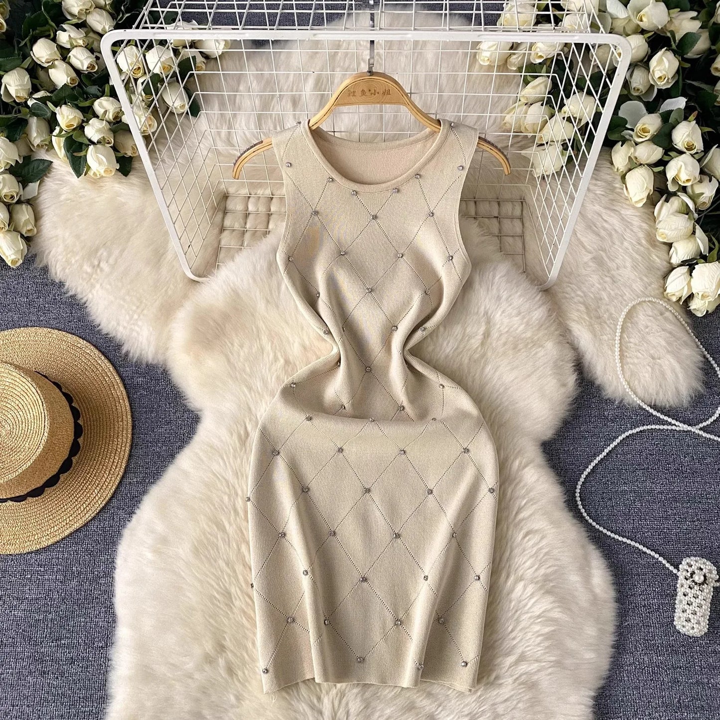 YuooMuoo Hotsweet Beading Knitted Mini Dress Women Sleeveless Slim Bodycon Summer Dress Streetwear Lady Outfits Tank Dress