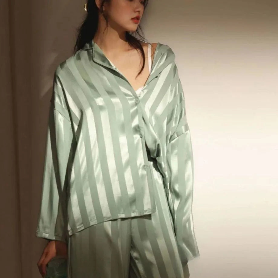 Women's Pajama Set Summer Striped Long Sleeve Top Trousers Silk Satin Home Suit Spring Autumn Loose Casual Sleepwear Nightwear