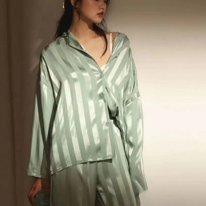 Women's Pajama Set Summer Striped Long Sleeve Top Trousers Silk Satin Home Suit Spring Autumn Loose Casual Sleepwear Nightwear