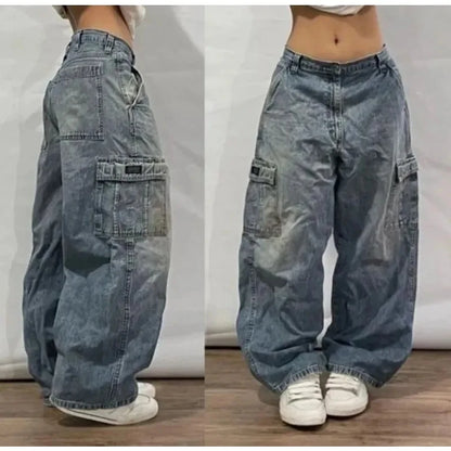 American New Fashion Multi-pocket Washed Baggy Jeans Women Vintage Hip Hop High Waist Casual Wide Leg Pants