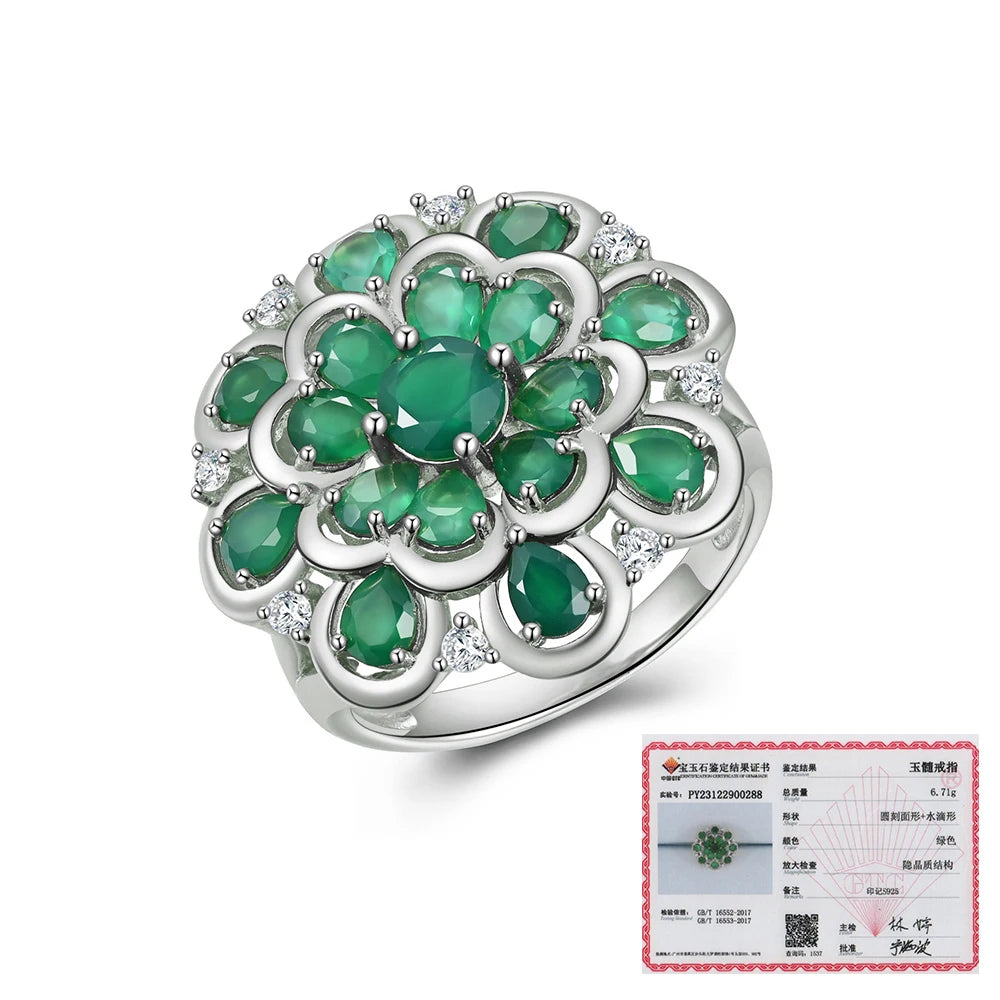 Gorgeous romantic flower design natural green agate silver large ring light luxury women wedding & party gift