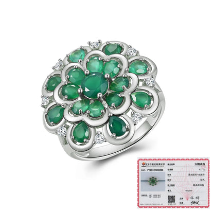 Gorgeous romantic flower design natural green agate silver large ring light luxury women wedding & party gift