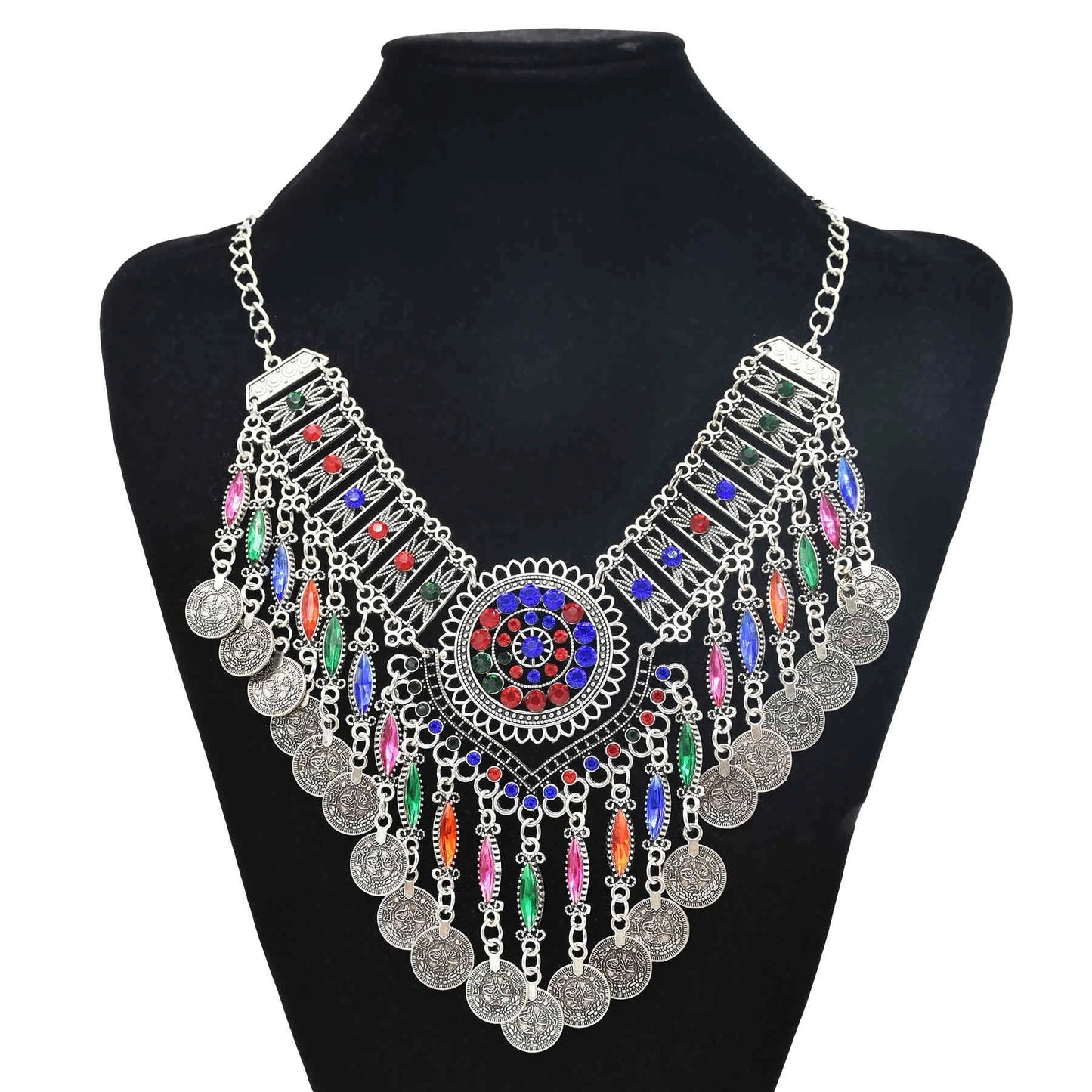 Afghan Colorful Crystal Coin Tassel Necklaces Earring Hair Clips Sets for Women Female Ethnic Wedding Party Gypsy Party Jewelry