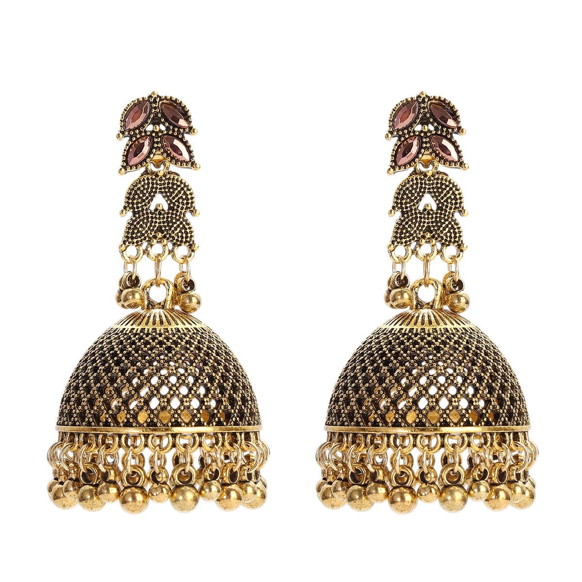 Boho Afghan Big Bell Tassel Drop Earrings Women Pendient Gold Color Gypsy Pink Zircon Hollow Bells Ladies Indian Earring Jewelry