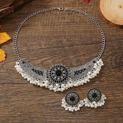 Afghan Black Crystal Choker Necklaces Earrings Jewelry Sets for Women Bohemian Ethnic Tribal Indian Party Pearls Jewelry Sets