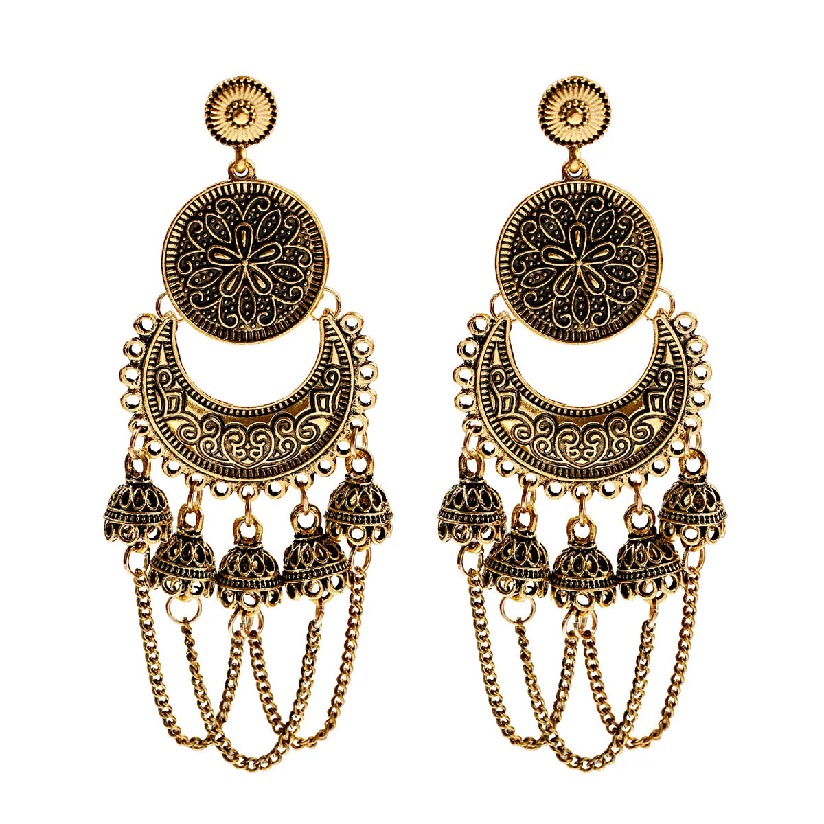 2024 Retro Indian Jhumka Jhumki Gypsy Ethnic Gold Alloy Carved Round&Crescent Bell Tassel Drop Earrings for Women Boho Jewelry