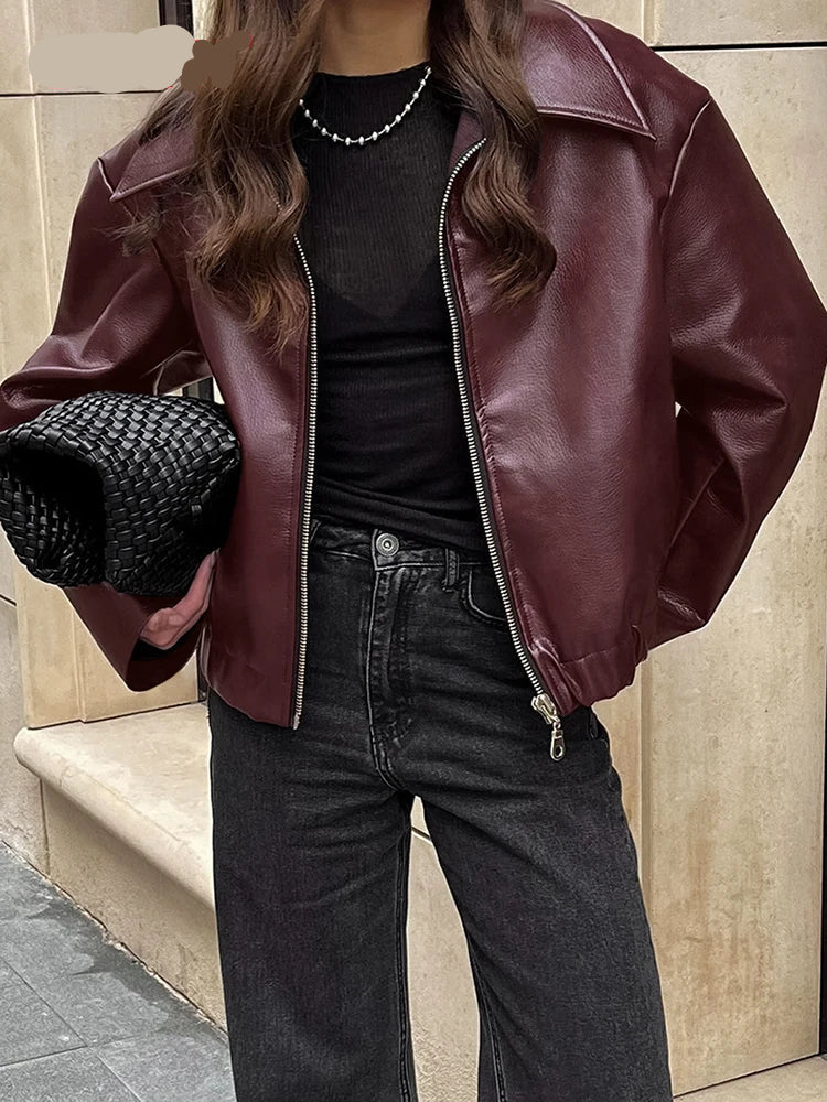 Wine Red Faux Leather Fashion Outerwear 2024 Thicken Zipper Lapel Pu Coats Autumn Winter Streetwear Ladies Tunic Tops Women