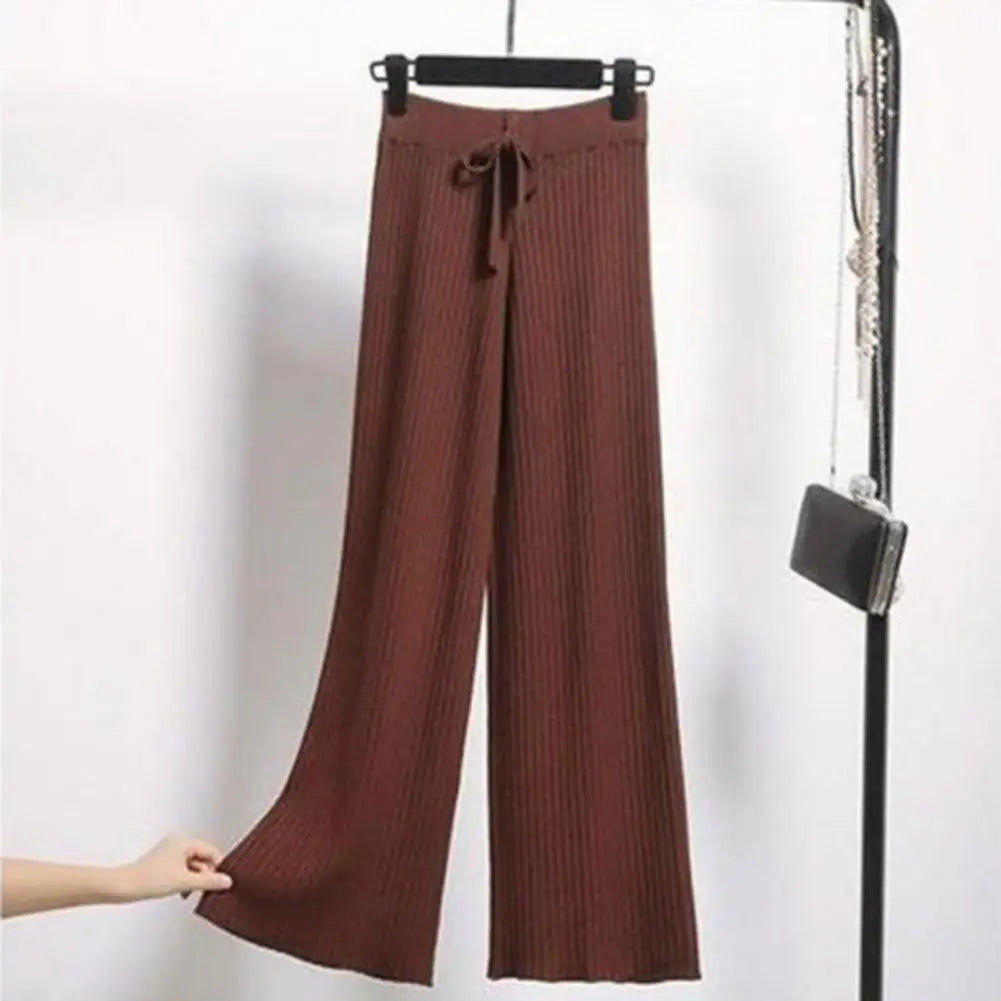 Women Wide-leg Knit Trousers Stylish Women's High Waist Drape Pants with Drawstring Ribbed Straight Wide Leg Design Solid Color